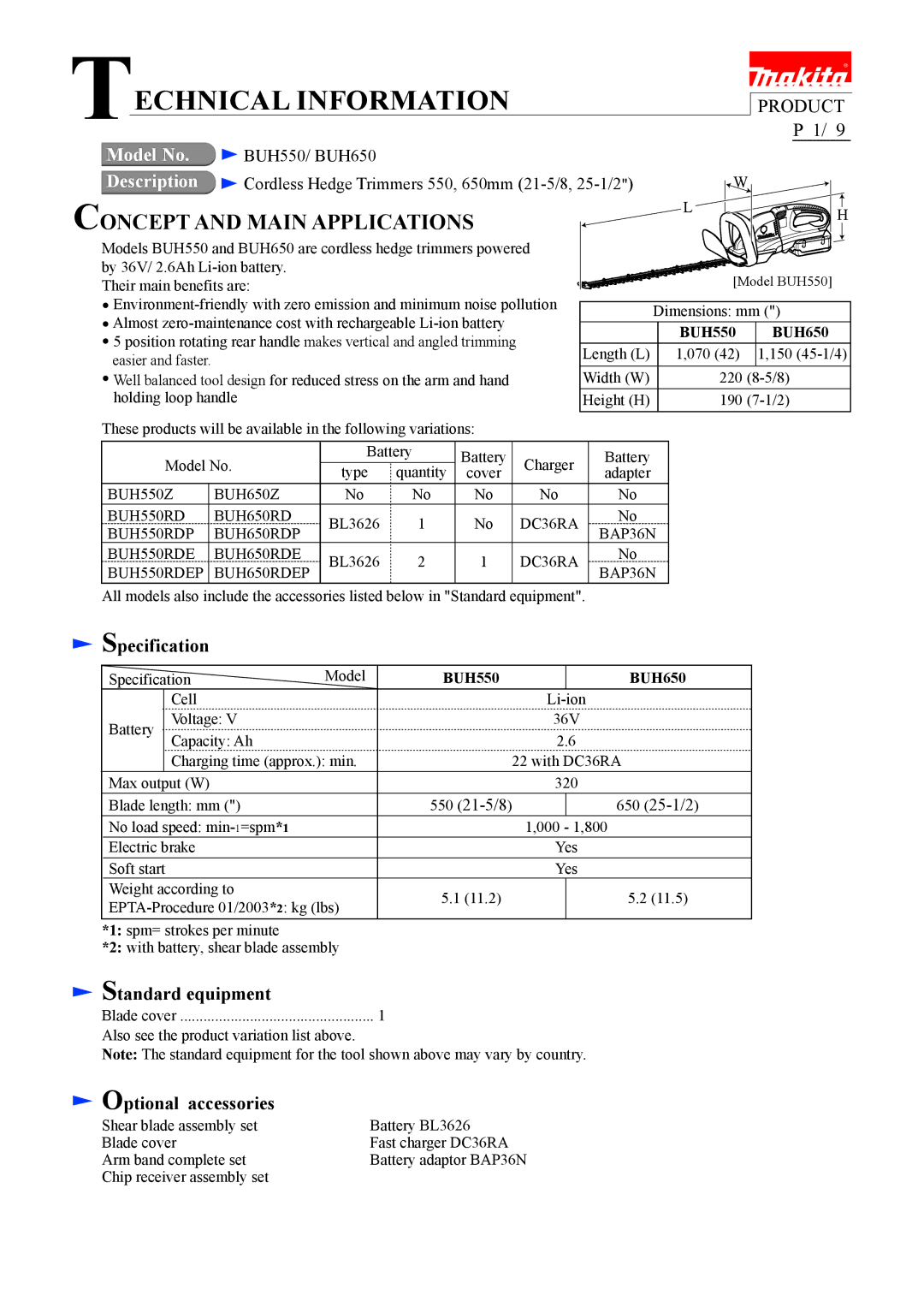 Makita BUH550/ BUH650 manual Specification, Standard equipment, Optional accessories 