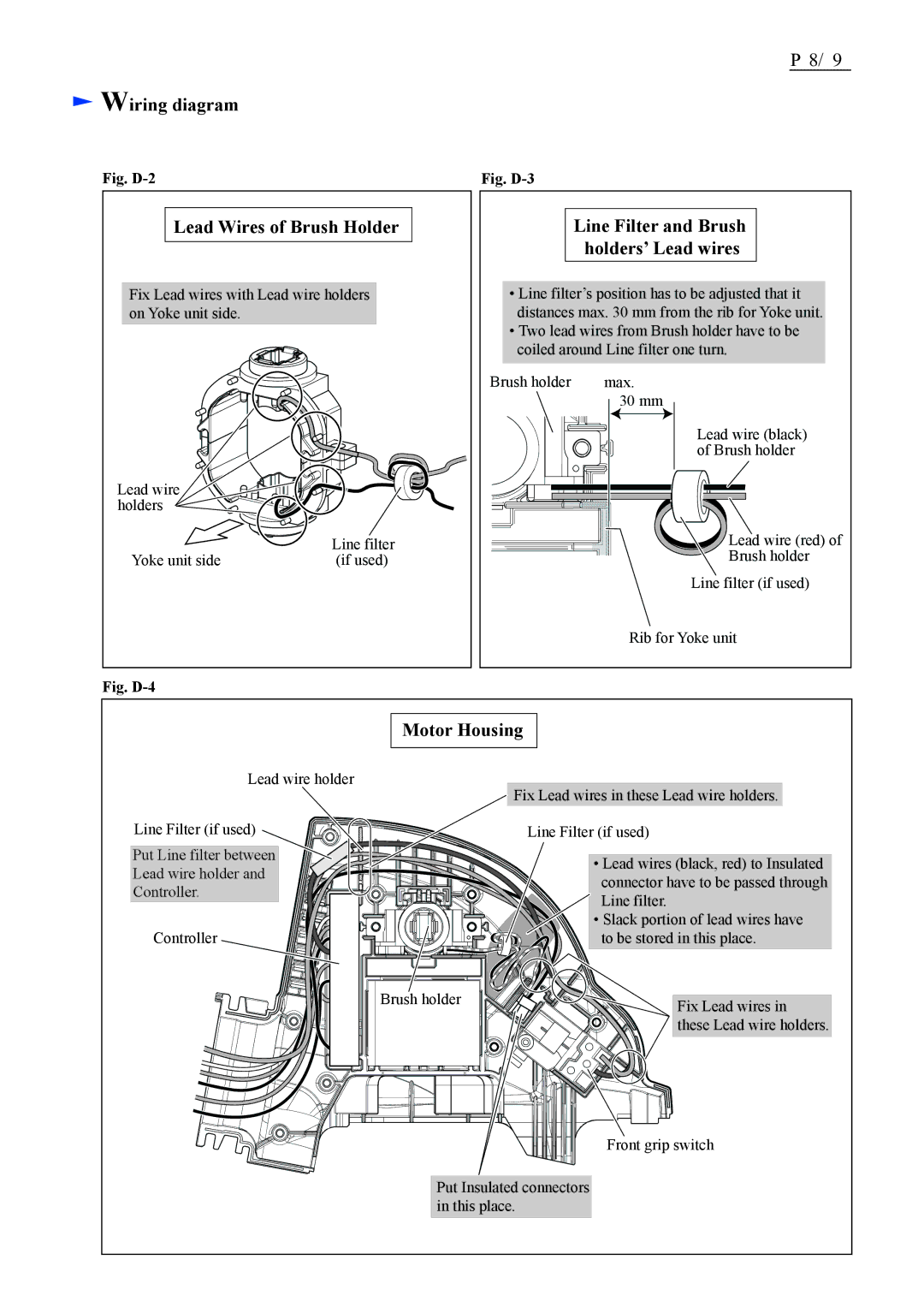 Makita BUH550/ BUH650 manual Wiring diagram, Lead Wires of Brush Holder, Line Filter and Brush holders’ Lead wires 