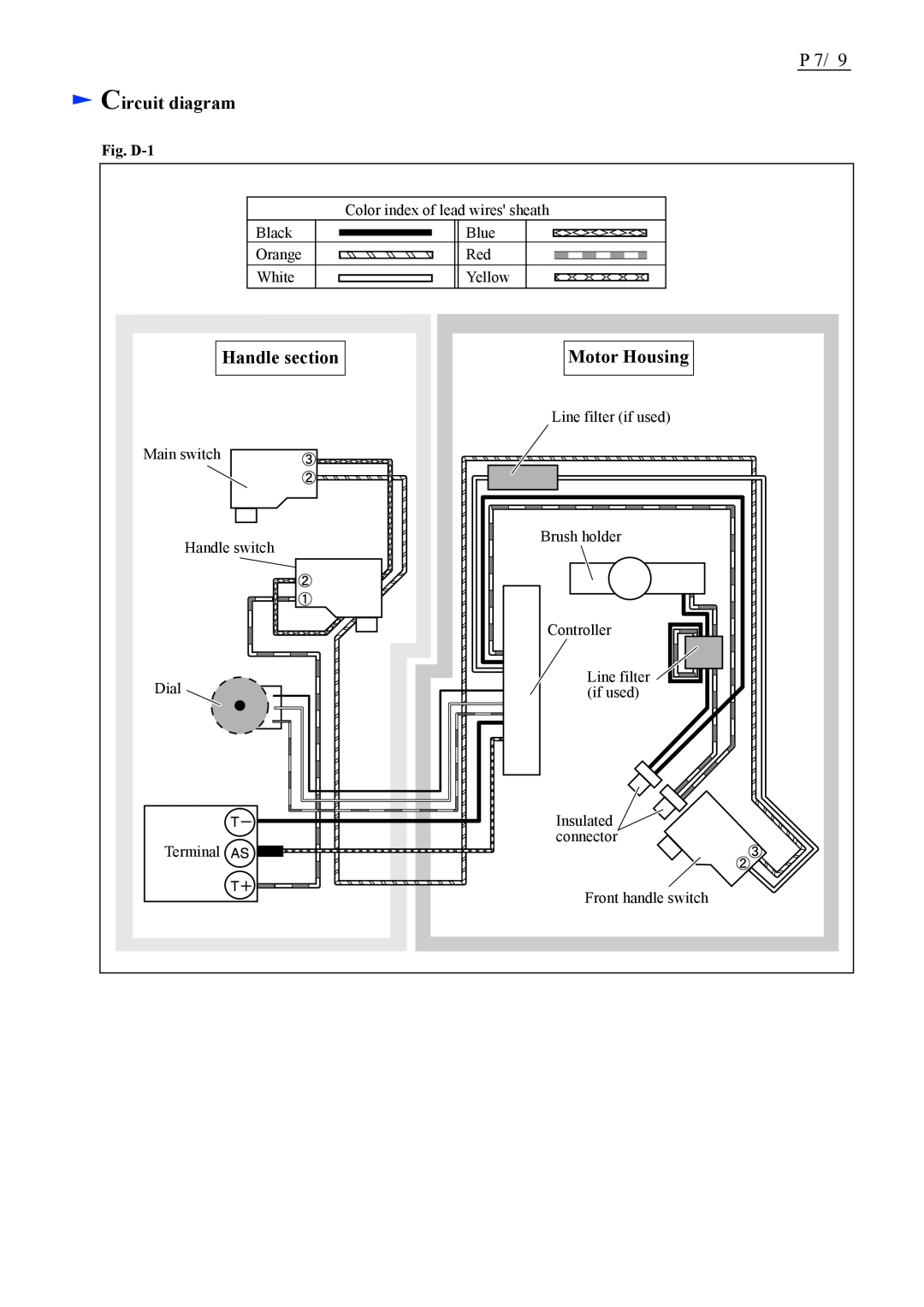Makita BUH550/ BUH650 manual Circuit diagram, Handle section, Motor Housing, Fig. D-1 