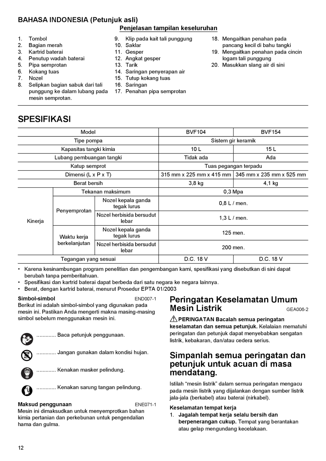 Makita BVF154, BVF104 Spesifikasi, Peringatan Keselamatan Umum Mesin Listrik, Bahasa Indonesia Petunjuk asli 