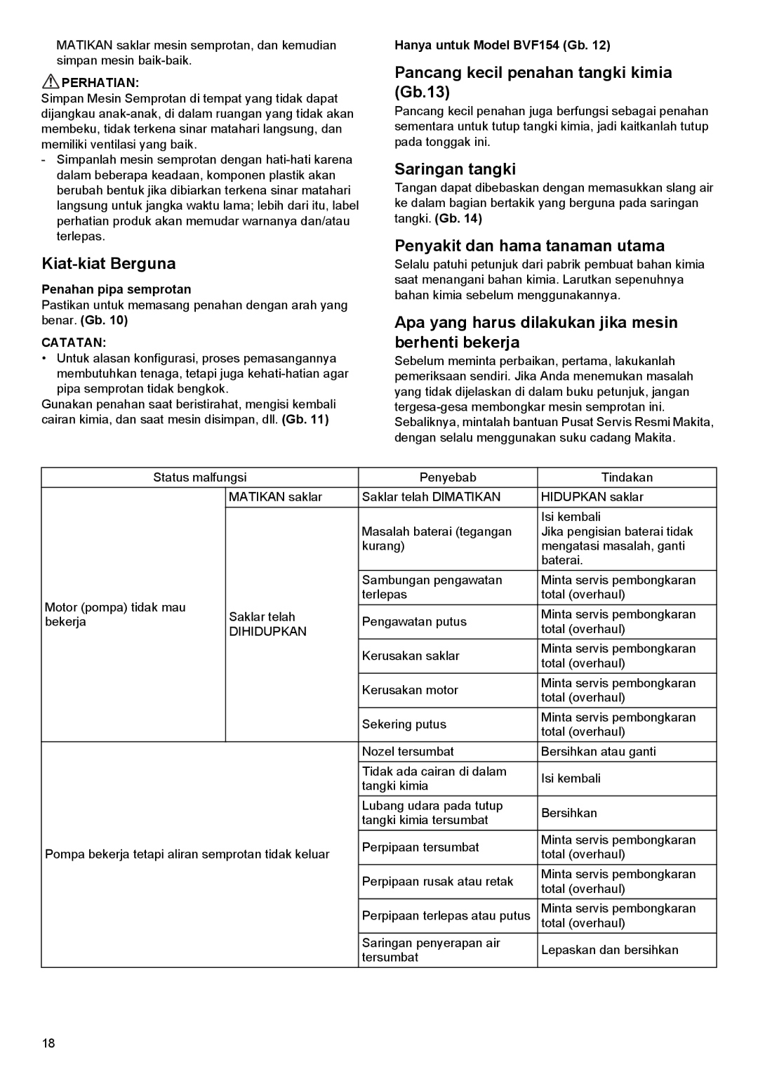 Makita BVF154, BVF104 instruction manual Kiat-kiat Berguna, Pancang kecil penahan tangki kimia Gb.13, Saringan tangki 