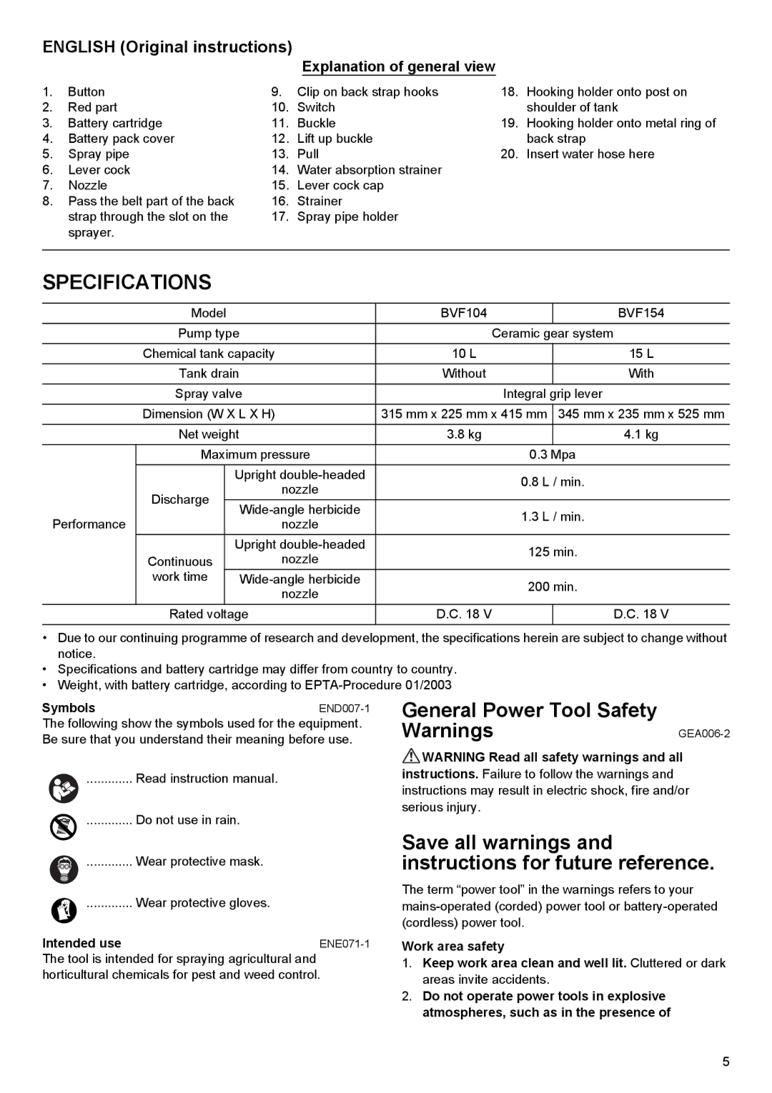 Makita BVF104 Specifications, General Power Tool Safety, English Original instructions, Explanation of general view 