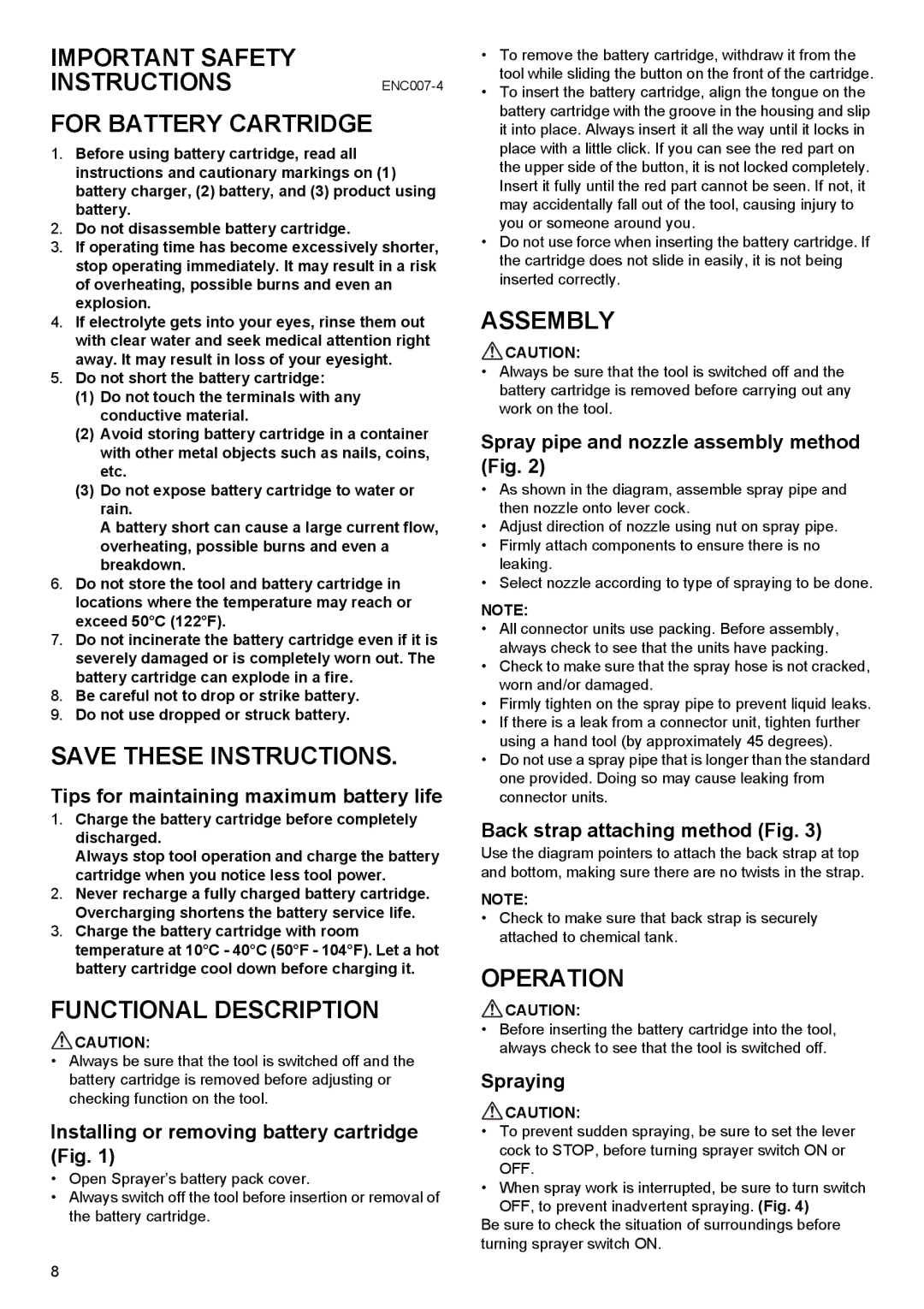 Makita BVF154 Important Safety INSTRUCTIONSENC007-4 For Battery Cartridge, Functional Description, Assembly, Operation 