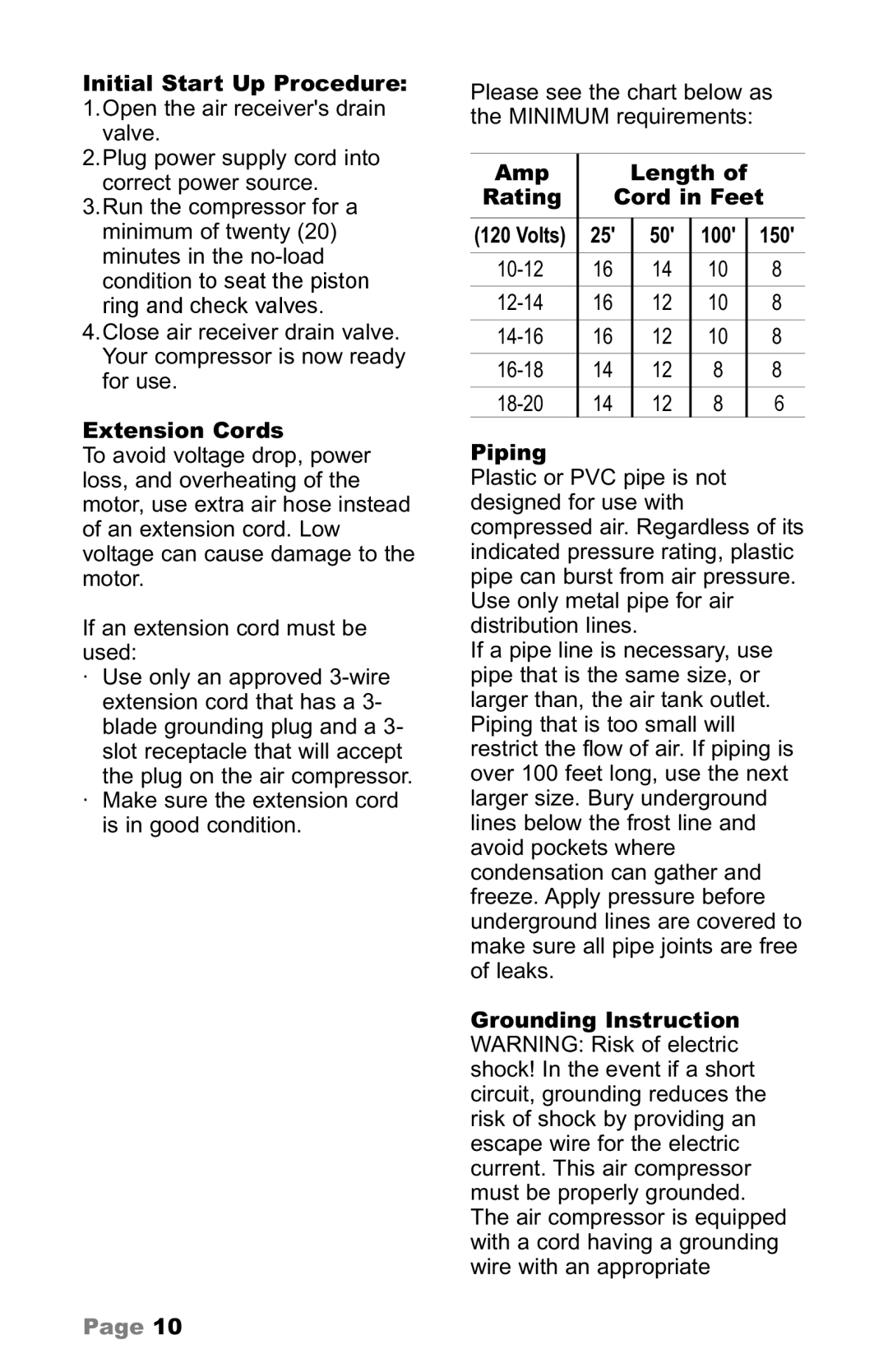 Makita owner manual Initial Start Up Procedure, Extension Cords, Amp Length Rating Cord in Feet, 150, Piping 