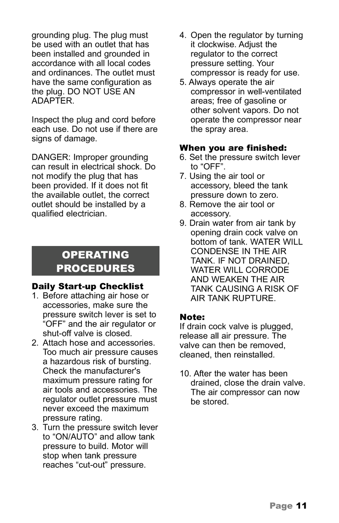 Makita owner manual Operating Procedures, Daily Start-up Checklist, When you are finished 