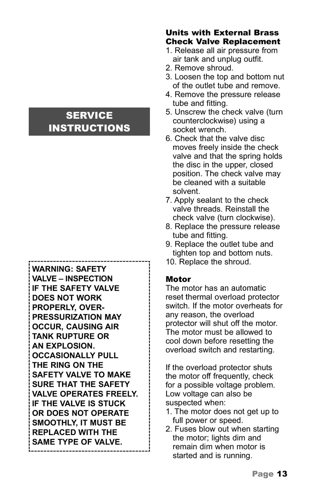 Makita owner manual Service Instructions, Units with External Brass Check Valve Replacement, Motor 