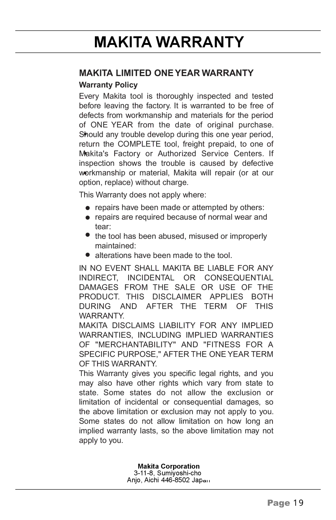 Makita C owner manual Makita Warranty, Warranty Policy 