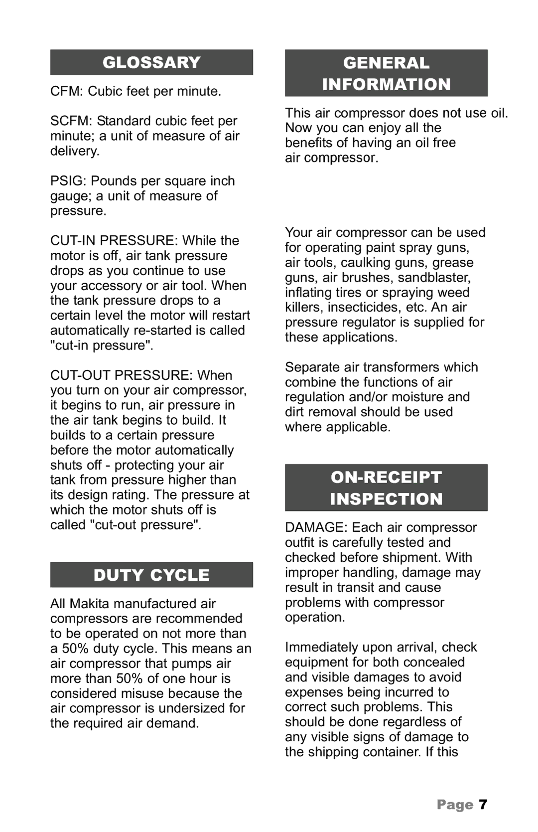 Makita owner manual Glossary, Duty Cycle, General Information, ON-RECEIPT Inspection 