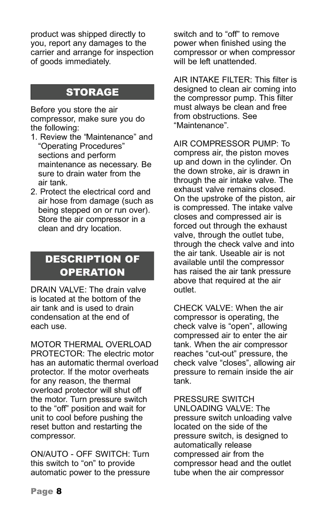 Makita C owner manual Storage, Description Operation, Motor Thermal Overload 