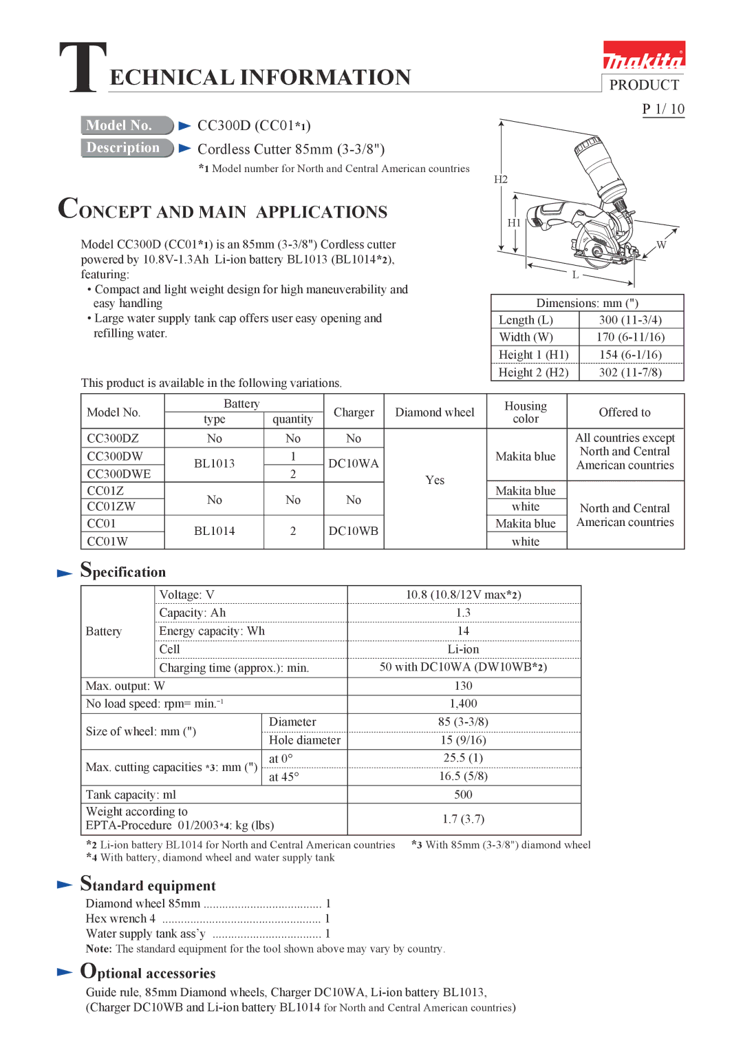 Makita CC300D (CC01*1) specifications Specification, Standard equipment, Optional accessories 