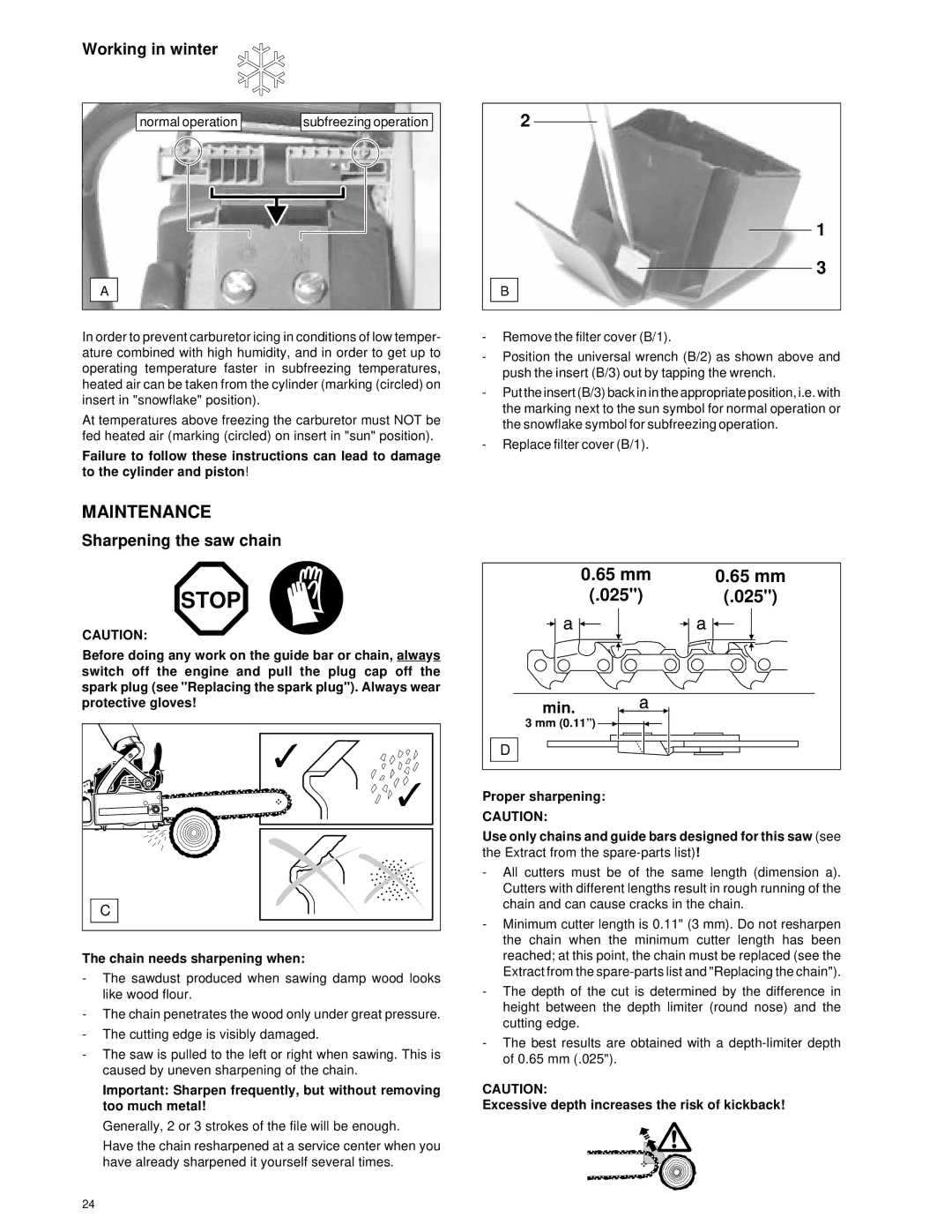 Makita Chain Saw manual 65 mm 025, Working in winter, Sharpening the saw chain, Min 