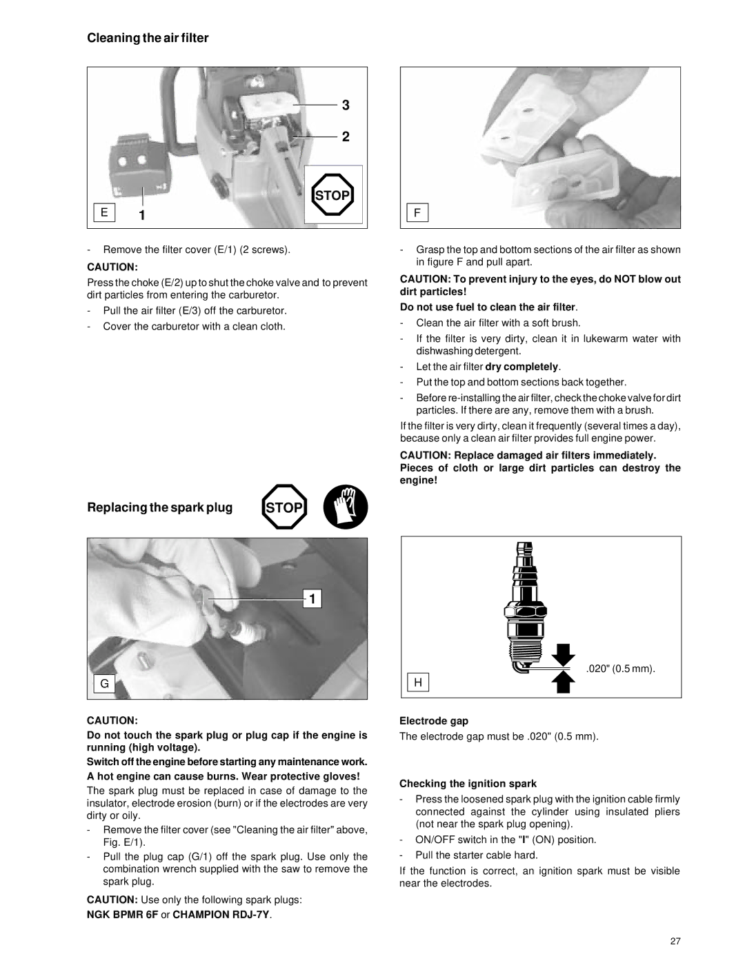 Makita Chain Saw manual Cleaning the air filter, Replacing the spark plug 