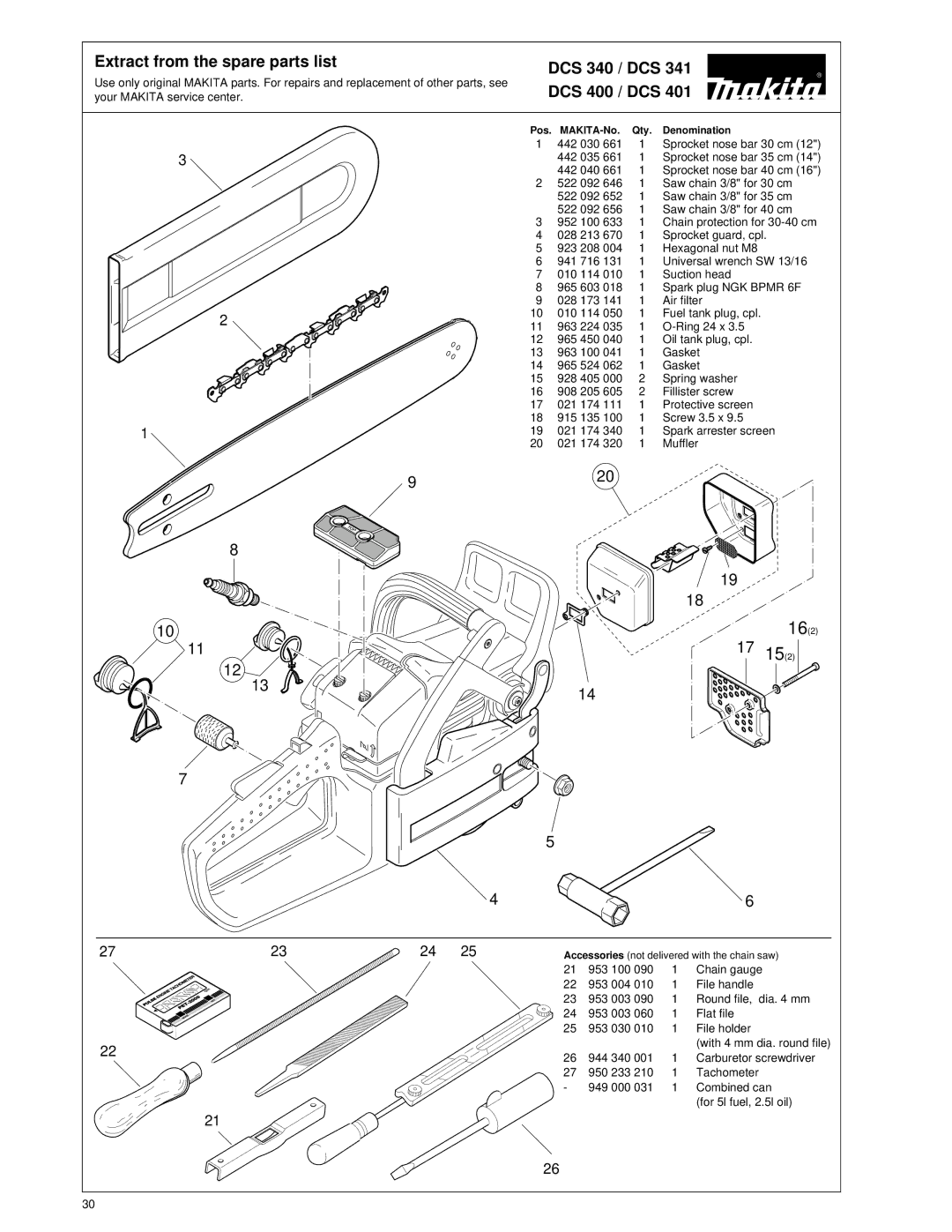 Makita Chain Saw manual Extract from the spare parts list, DCS 400 / DCS, DCS 340 / DCS 