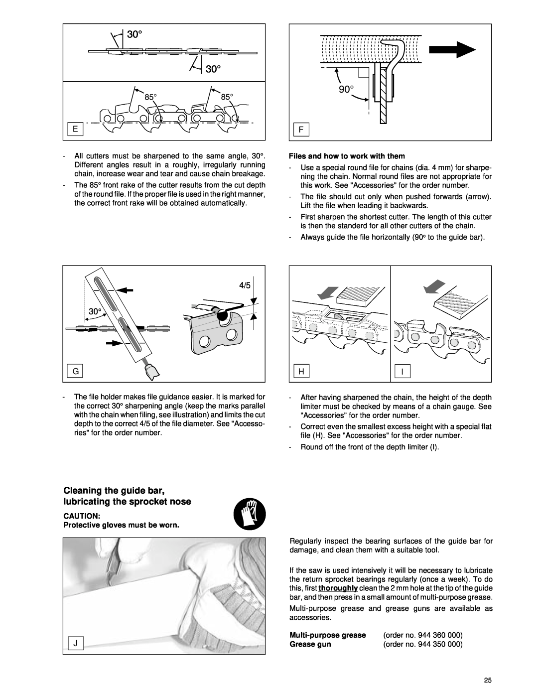 Makita Chain Saw manual Cleaning the guide bar, lubricating the sprocket nose, Files and how to work with them, order no 