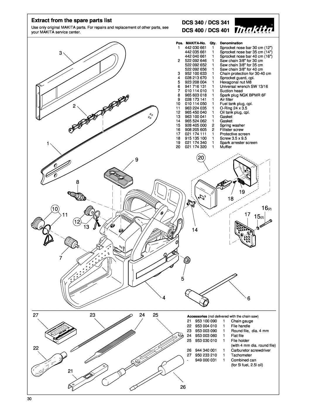 Makita Chain Saw manual Extract from the spare parts list, DCS 400 / DCS, DCS 340 / DCS 