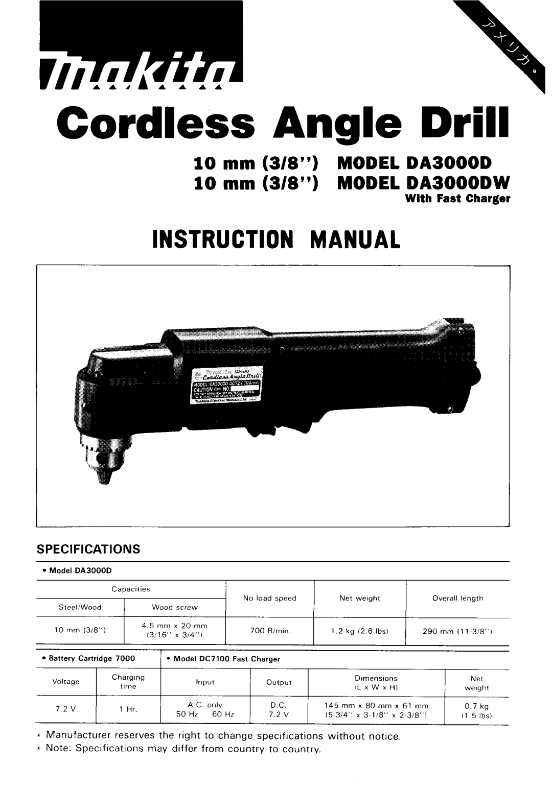 Makita DA3000DW instruction manual Cordless Angle Drill 