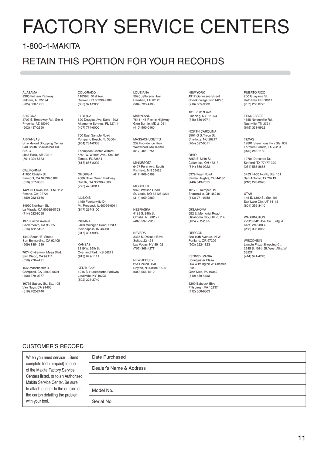 Makita DA3010F instruction manual Factory Service Centers 