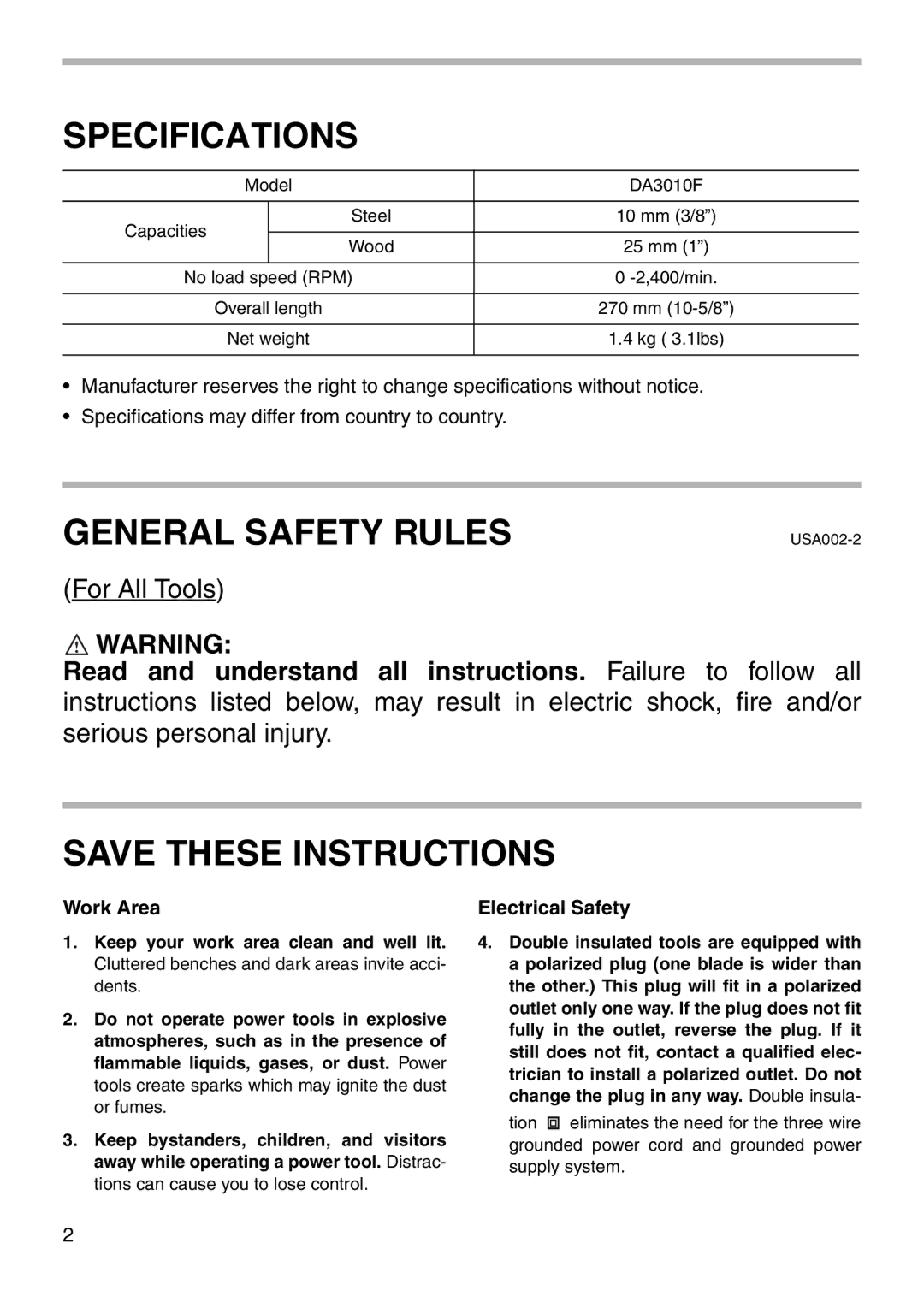 Makita DA3010F instruction manual Specifications, General Safety Rules, Work Area, Electrical Safety 