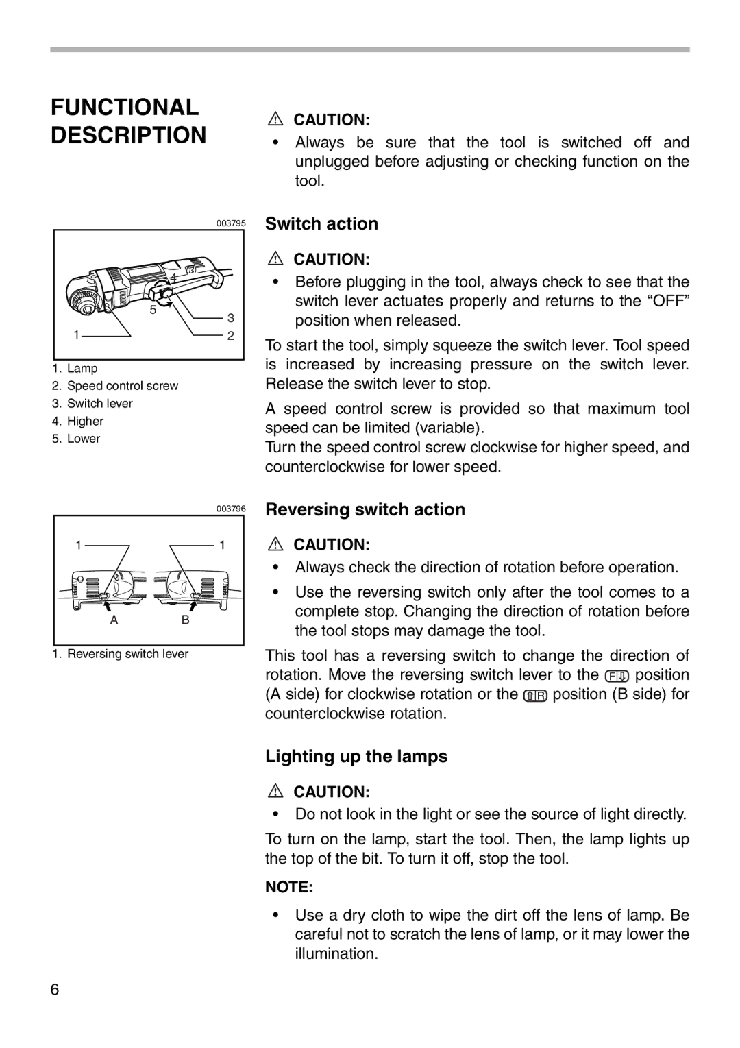 Makita DA3010F instruction manual Functional Description, Switch action 