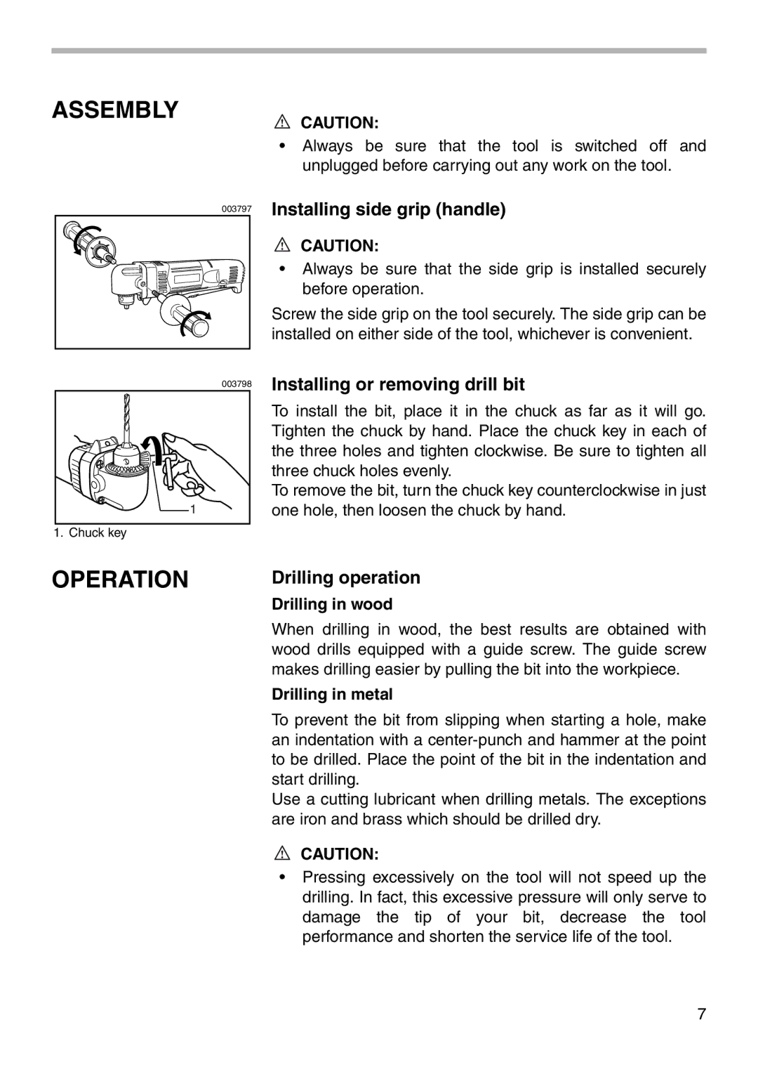 Makita DA3010F instruction manual Assembly, Operation, Drilling in wood, Drilling in metal 