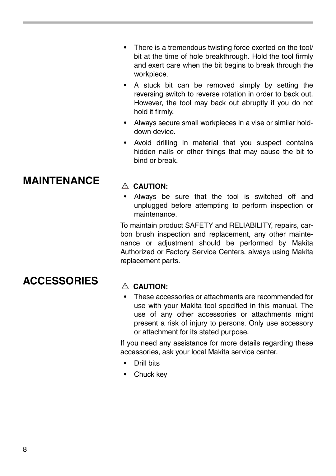 Makita DA3010F instruction manual Maintenance Accessories 