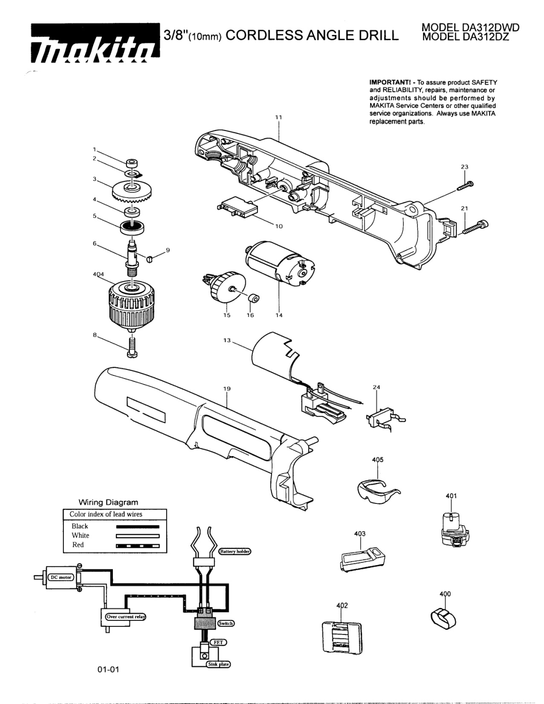 Makita DA312DWD manual 4p2, 810mm Cordless Angle Drill Model DA312DZ, Wiring Diagram, 01-01, Color index of lead wires 