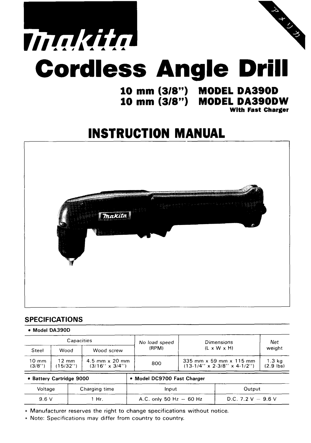 Makita DA390D instruction manual Cordless Angle Drill 