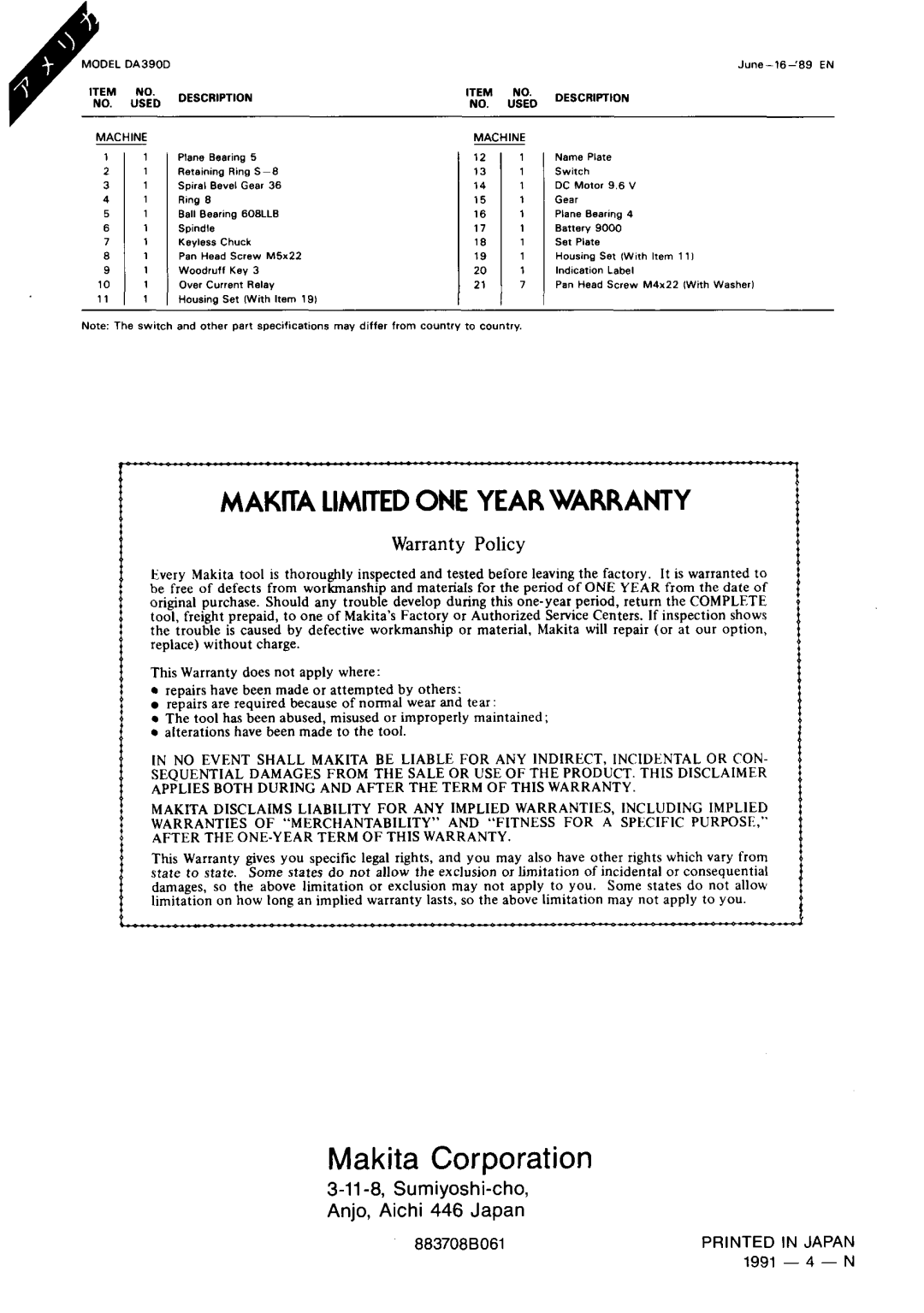 Makita DA390D instruction manual Makita Corporation 