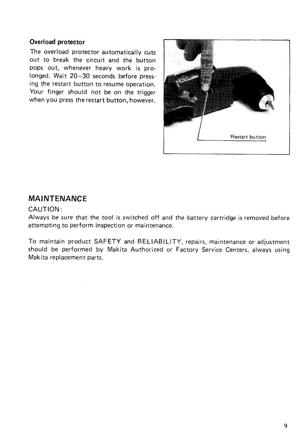 Makita DA390D instruction manual Maintenance, Overload protect0r 