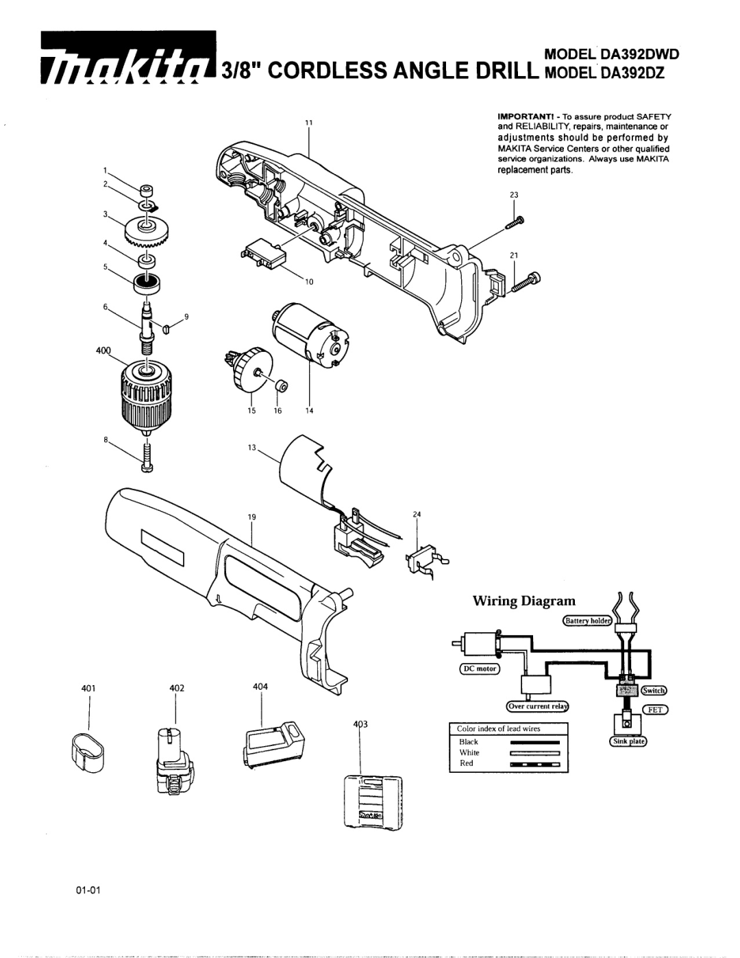 Makita DA392DWD manual Rll, Y8 Cordless Angle Drill Model DA392DZ, Adjustments should be performed by, Replacement parts 