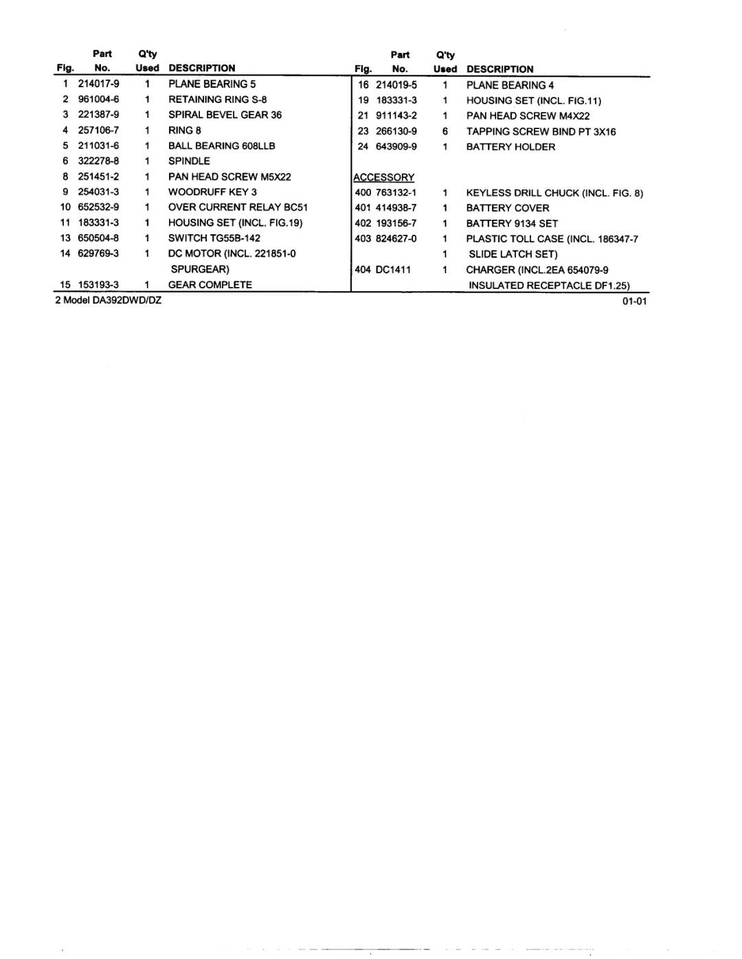 Makita DA392DWD manual Part Qty 