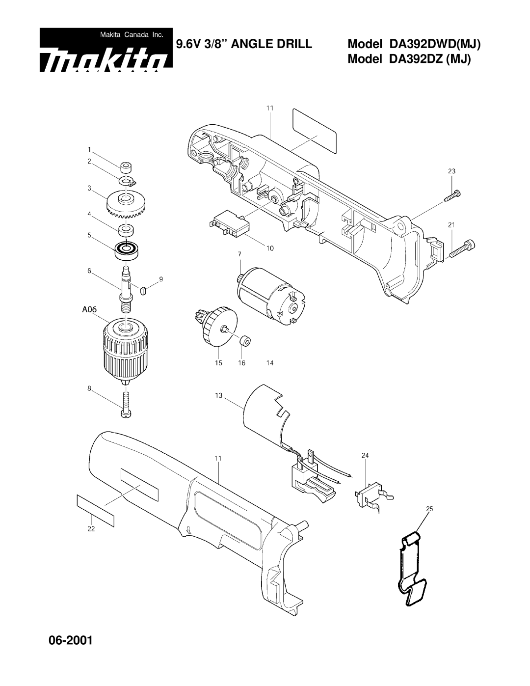 Makita DA392DZ (MJ) manual 6V 3/8 Angle Drill, Model DA392DZ MJ 06-2001 