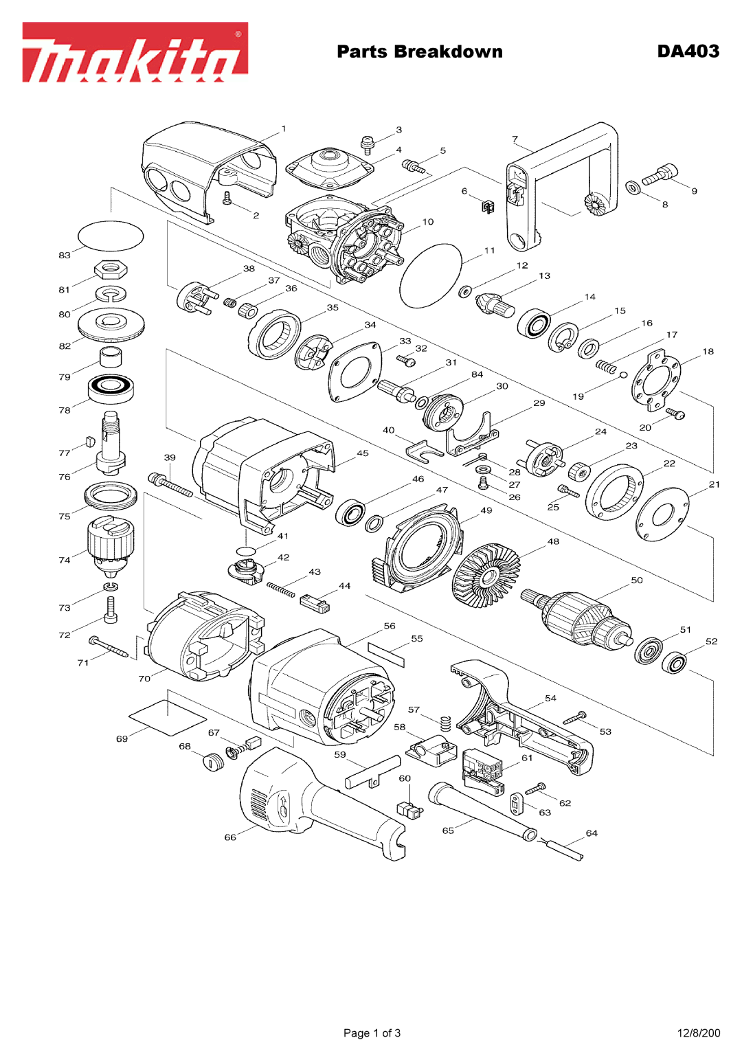 Makita DA403 manual Parts Breakdown 