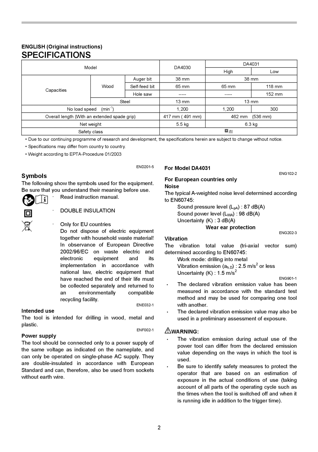 Makita DA4030, DA4031 instruction manual Specifications, Symbols 