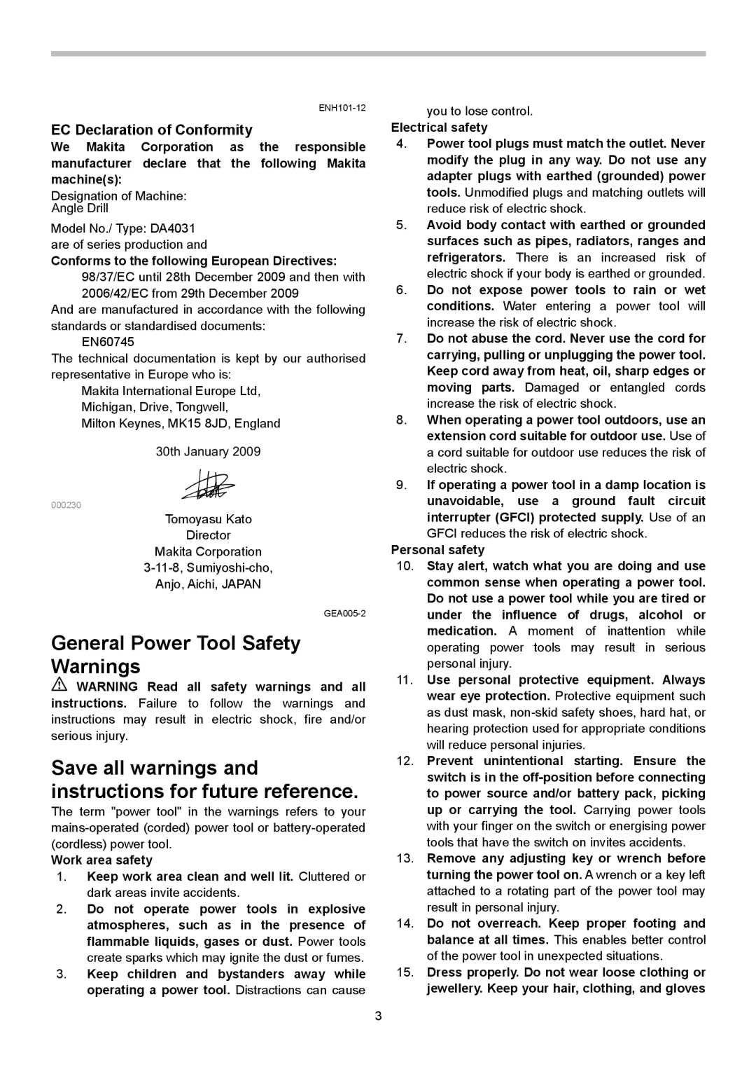 Makita DA4031, DA4030 instruction manual General Power Tool Safety Warnings, EC Declaration of Conformity 