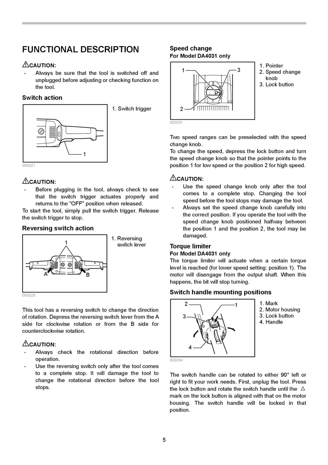 Makita DA4031, DA4030 instruction manual Functional Description 