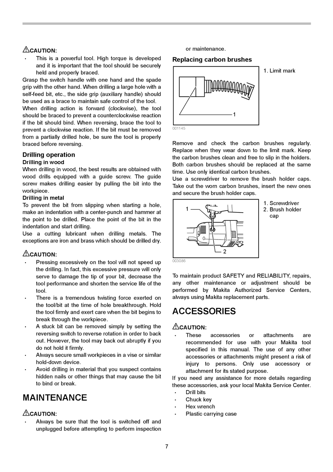 Makita DA4031, DA4030 instruction manual Maintenance, Accessories, Replacing carbon brushes, Drilling operation 