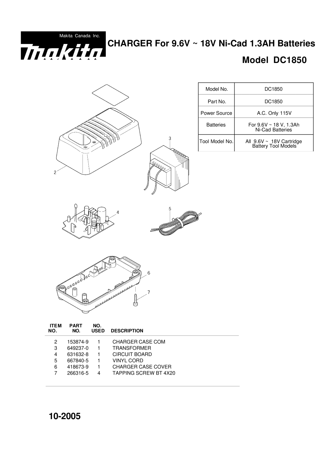 Makita manual Charger For 9.6V ~ 18V Ni-Cad 1.3AH Batteries Model DC1850, 10-2005 