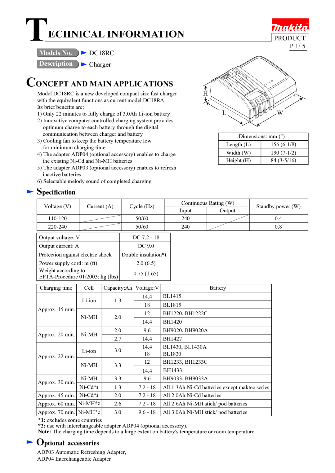 Makita DC18RC dimensions Specification, Optional accessories 