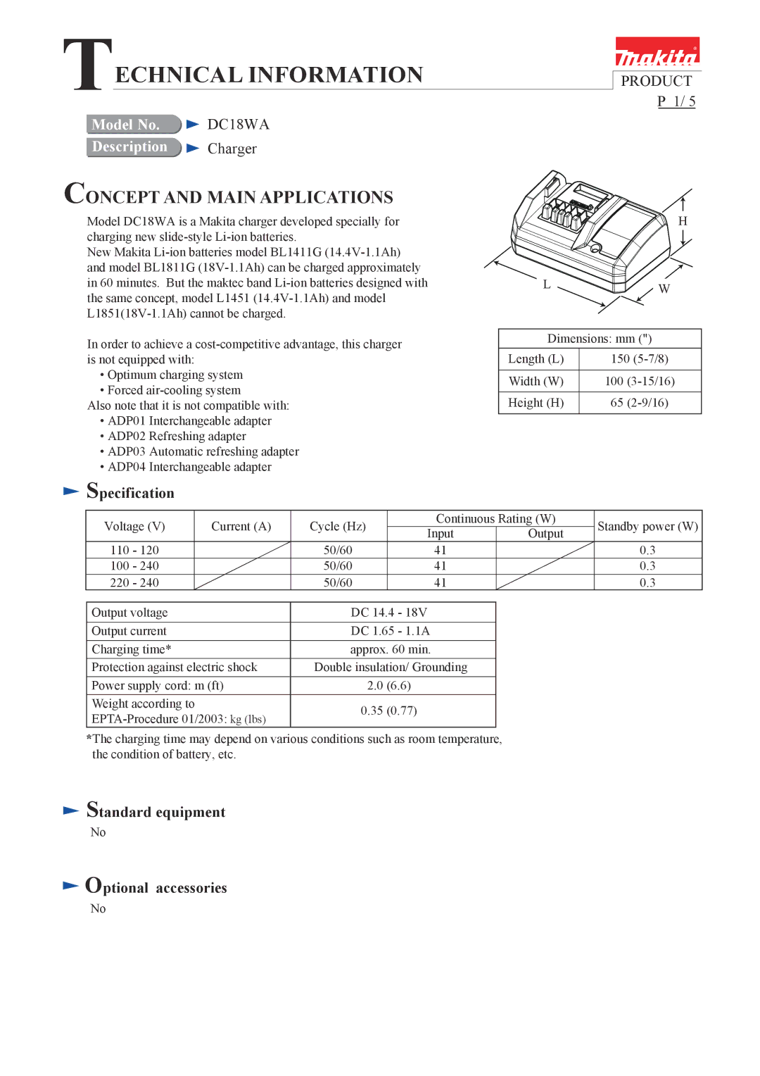 Makita DC18WA dimensions Specification, Standard equipment Optional accessories 