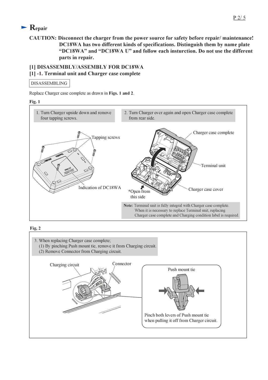 Makita dimensions Repair, DISASSEMBLY/ASSEMBLY for DC18WA, Terminal unit and Charger case complete, Disassembling 