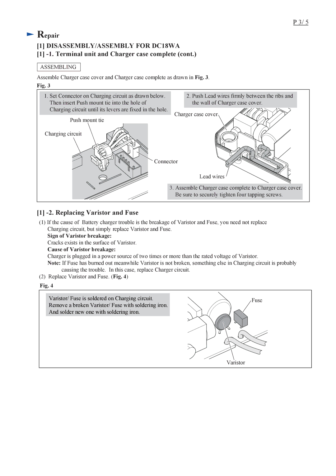 Makita DC18WA dimensions Replacing Varistor and Fuse, Assembling 