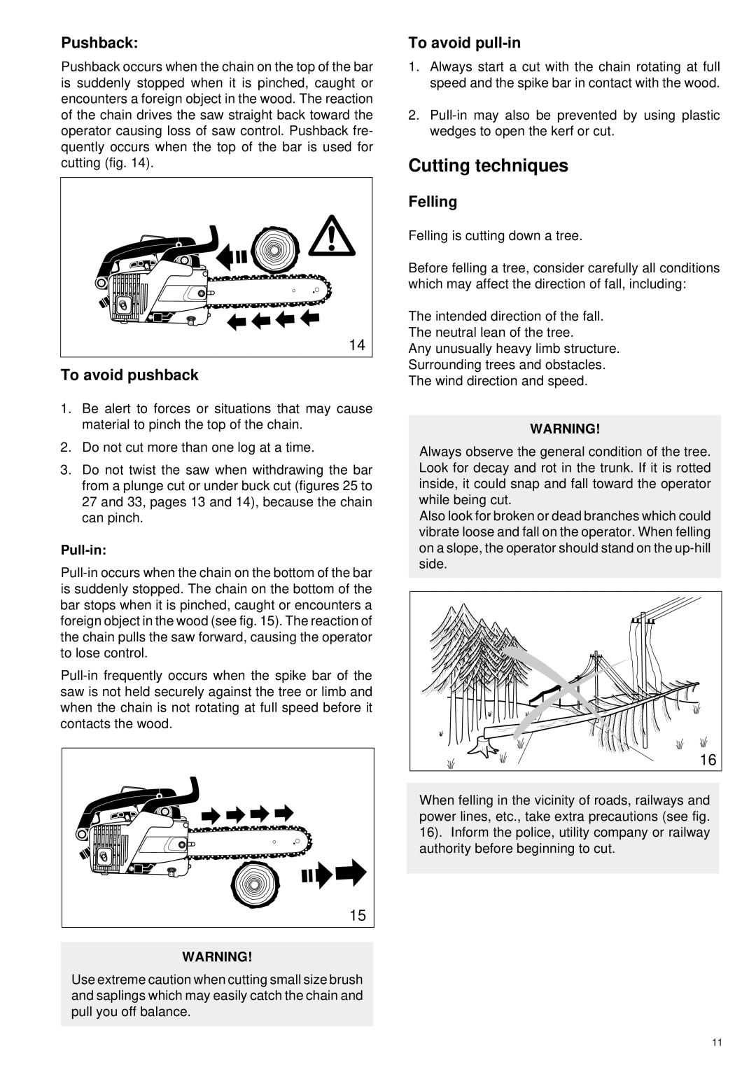 Makita DCS 330 TH instruction manual Cutting techniques, Pushback, To avoid pushback, To avoid pull-in, Felling 