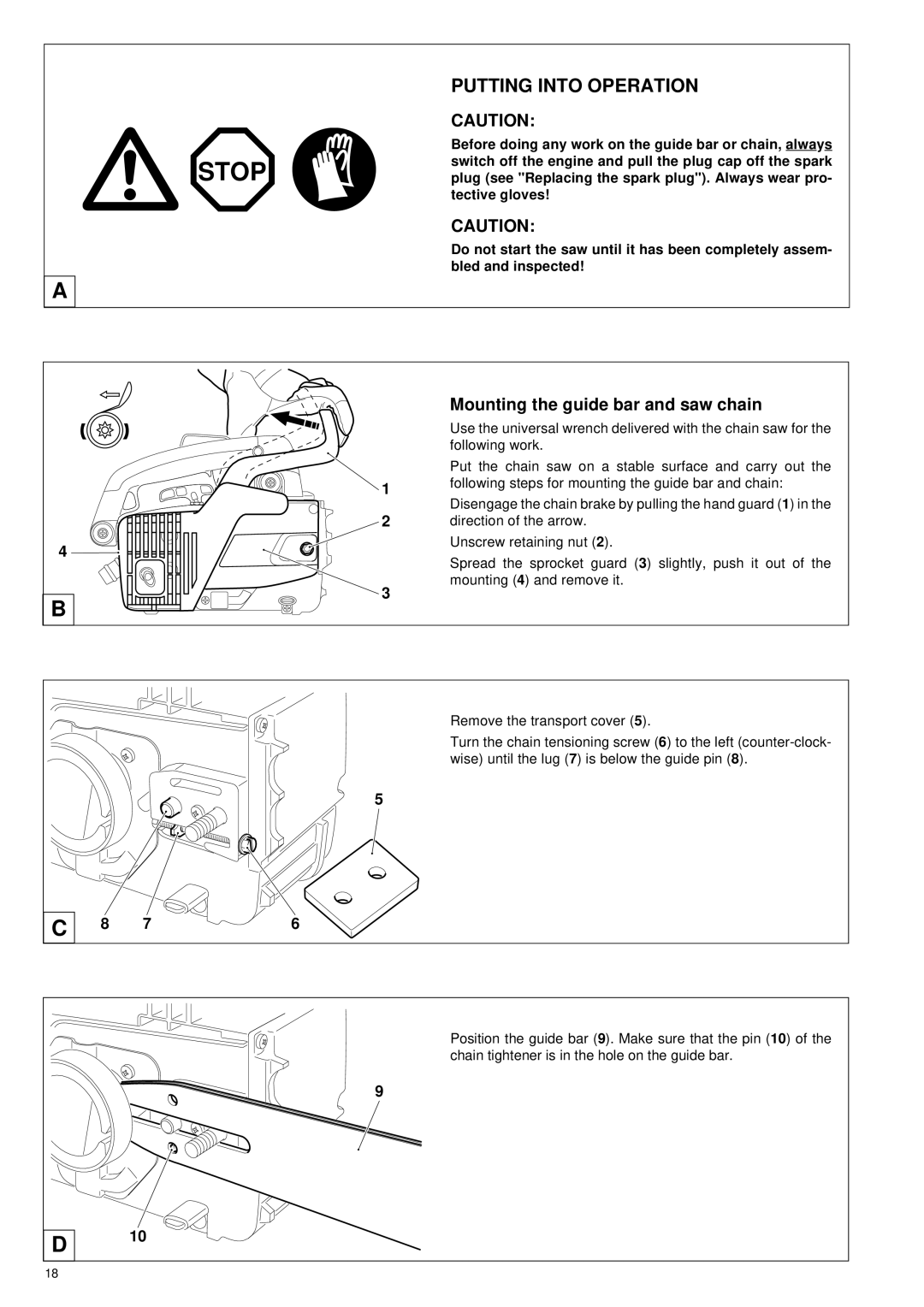 Makita DCS 330 TH instruction manual Stop, Mounting the guide bar and saw chain 