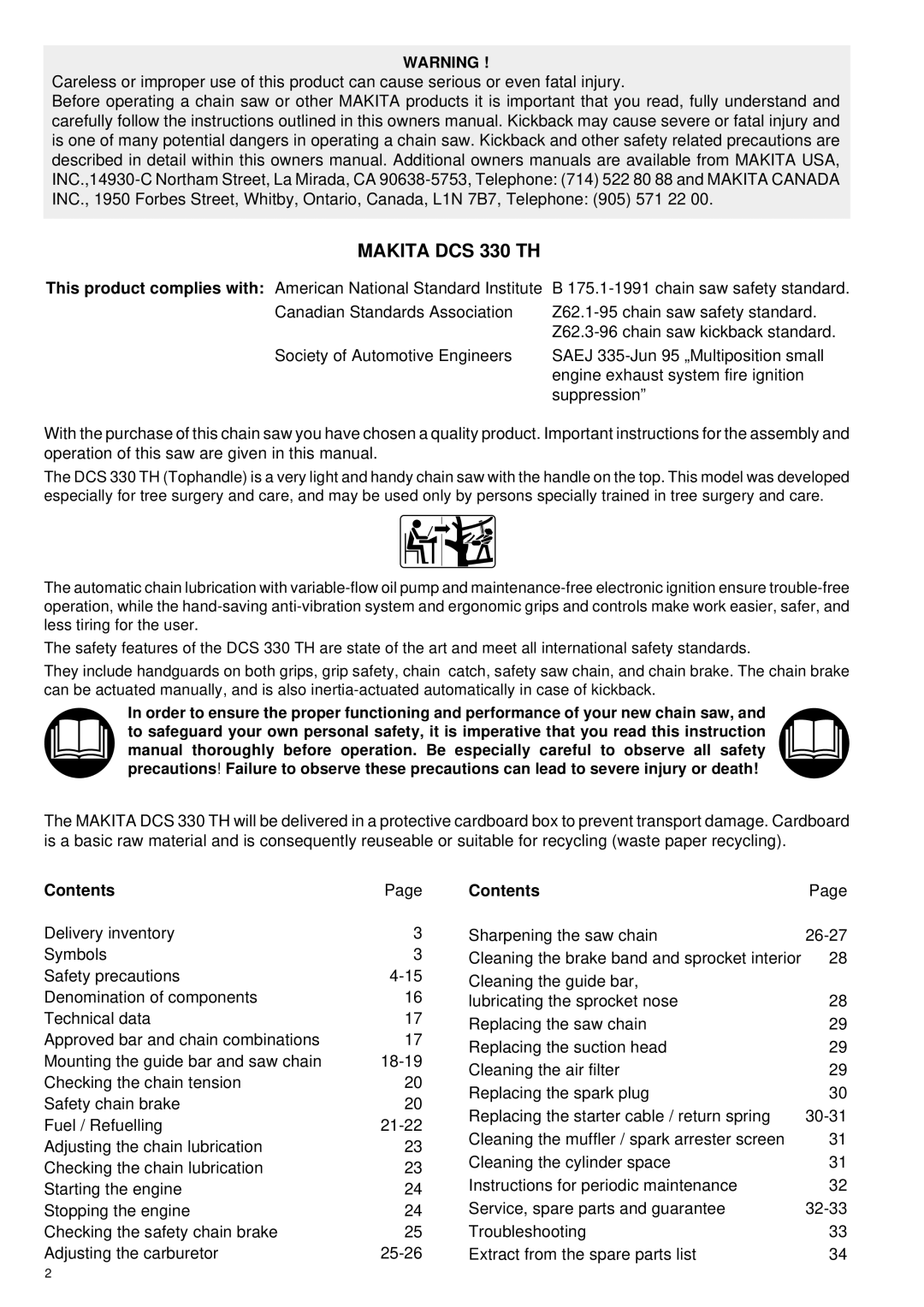 Makita instruction manual Makita DCS 330 TH, Contents 