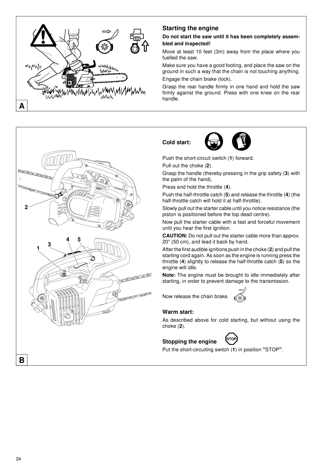 Makita DCS 330 TH instruction manual Starting the engine, Cold start, Warm start, Stopping the engine 