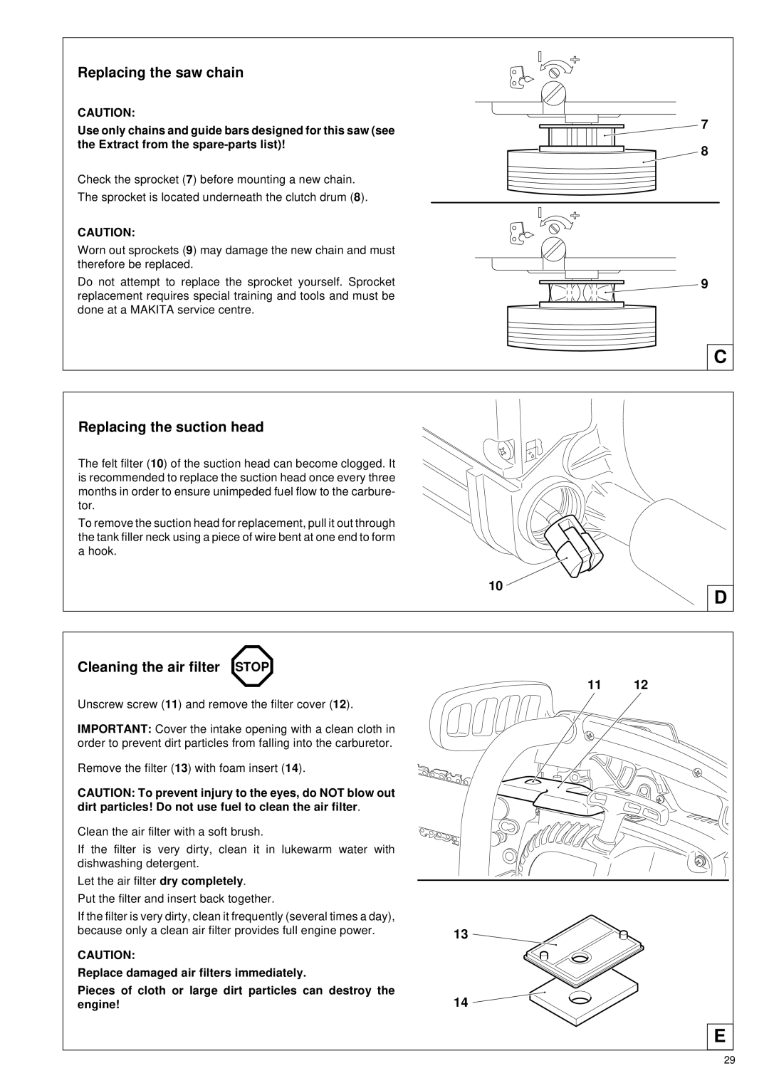 Makita DCS 330 TH instruction manual Replacing the saw chain, Replacing the suction head, Cleaning the air filter Stop 