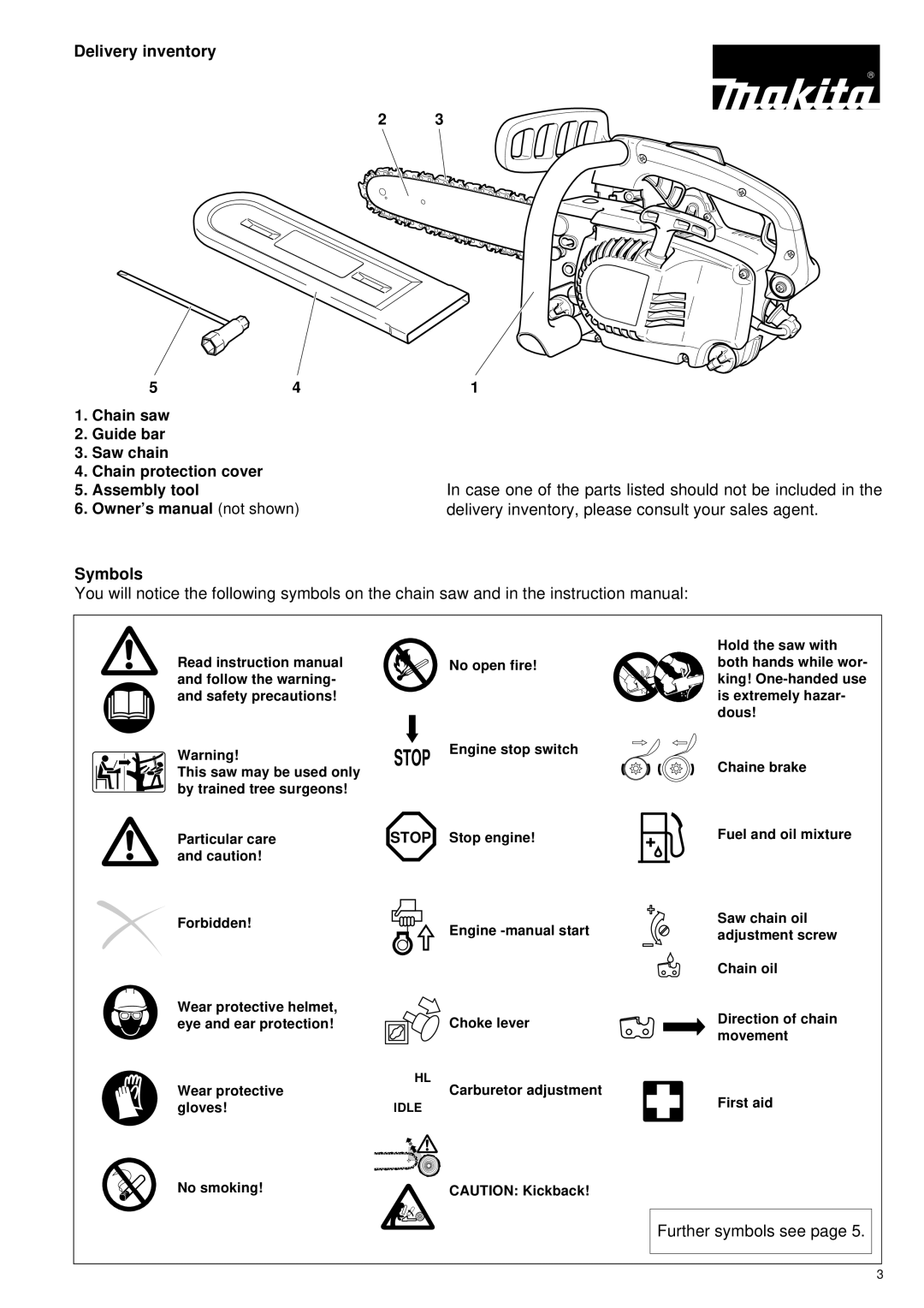 Makita DCS 330 TH Delivery inventory, Case one of the parts listed should not be included, Symbols, Engine stop switch 