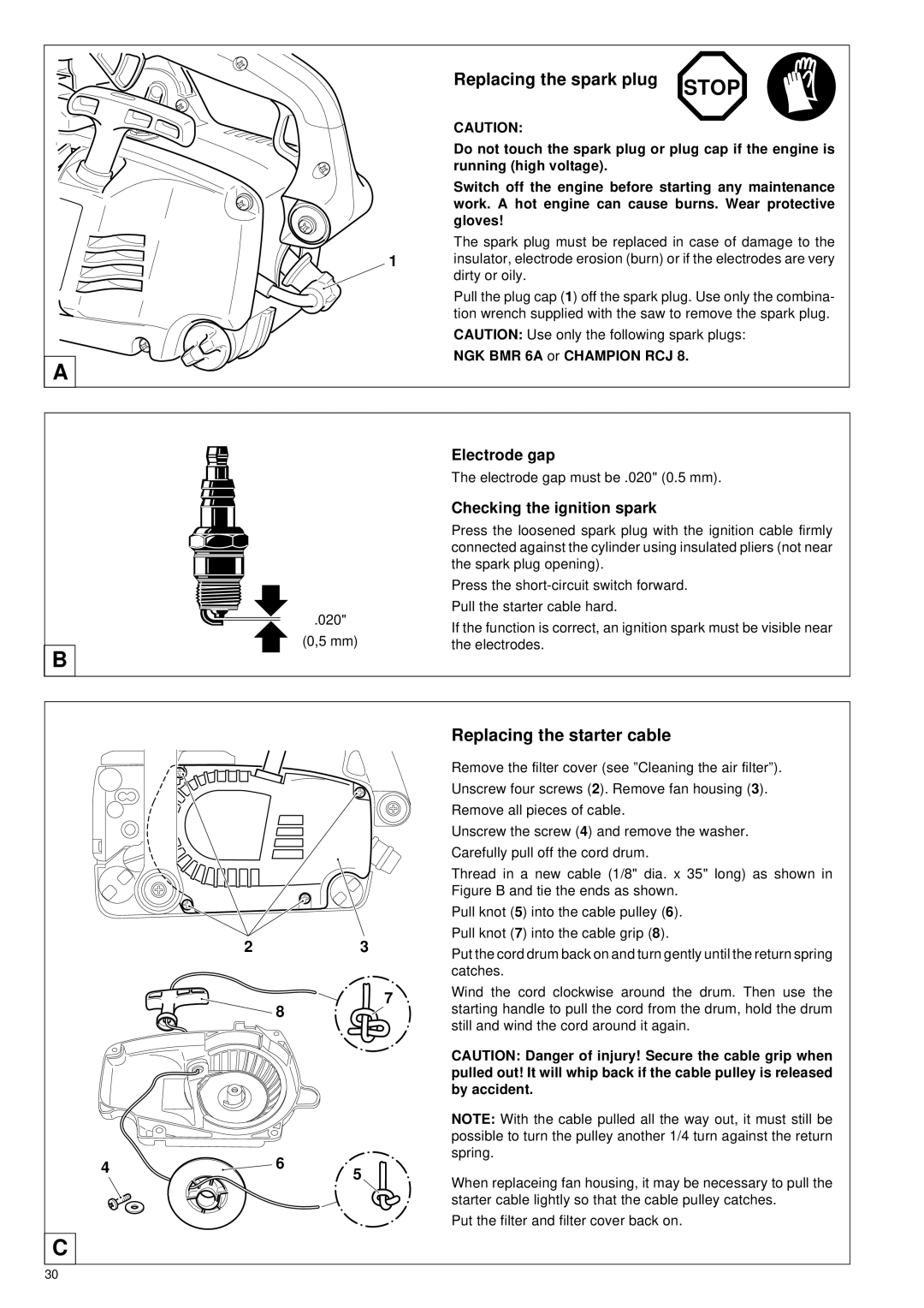 Makita DCS 330 TH Replacing the spark plug, Replacing the starter cable, Electrode gap, Checking the ignition spark 