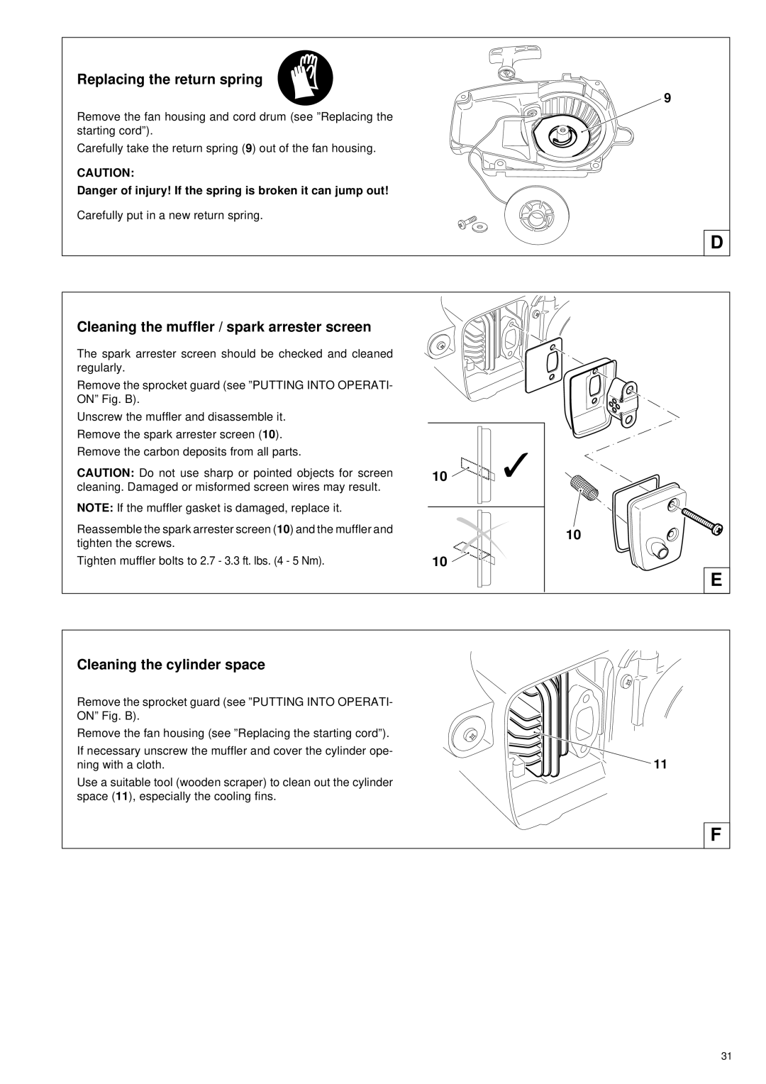 Makita DCS 330 TH Replacing the return spring, Cleaning the muffler / spark arrester screen, Cleaning the cylinder space 